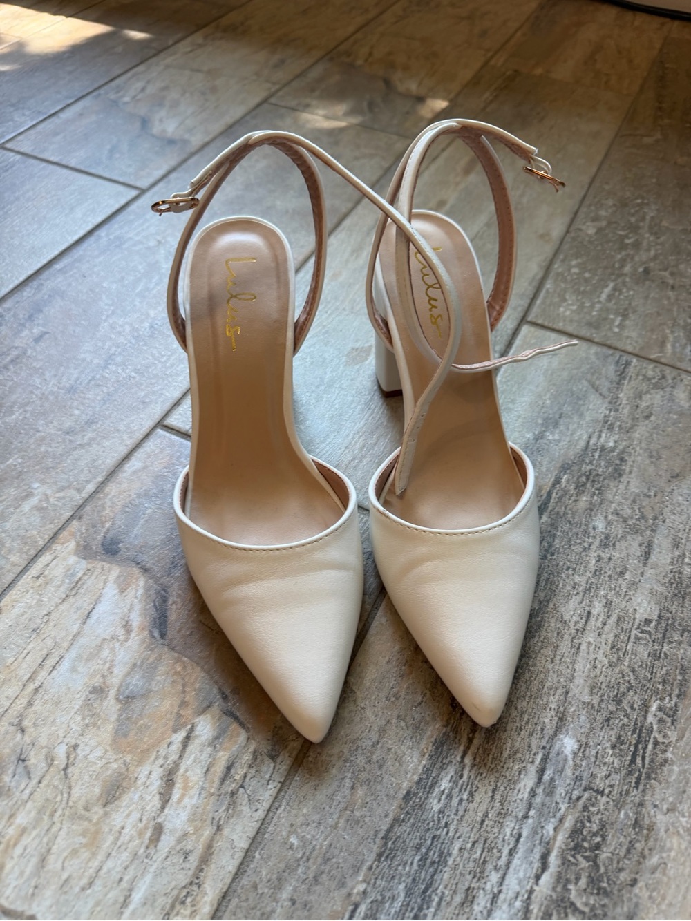 Lulu's Cream Pointed-Toe Ankle-Strap Block Heels